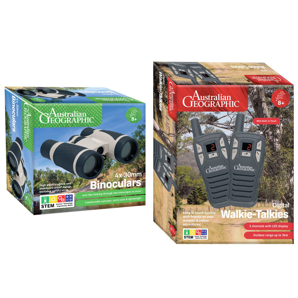 Australian Geographic Value Pack - 4x 30mm Binoculars & Digital Walkie Talkies