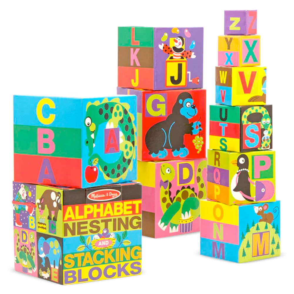 Melissa & Doug Value Pack - Classic 100 Wooden Blocks Set & Alphabet Nesting and Stacking Cardboard Blocks