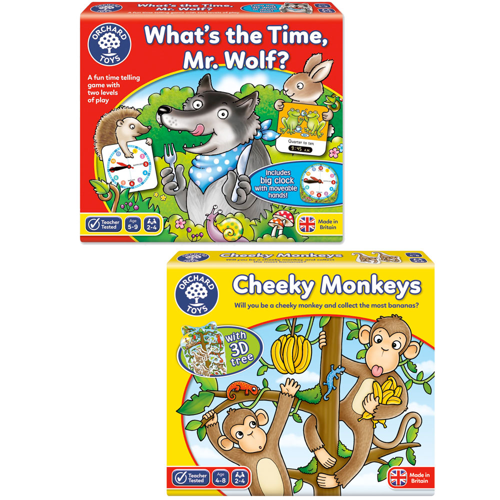 Orchard Toys Games Value Pack - What's the Time, Mr Wolf & Cheeky Monkeys