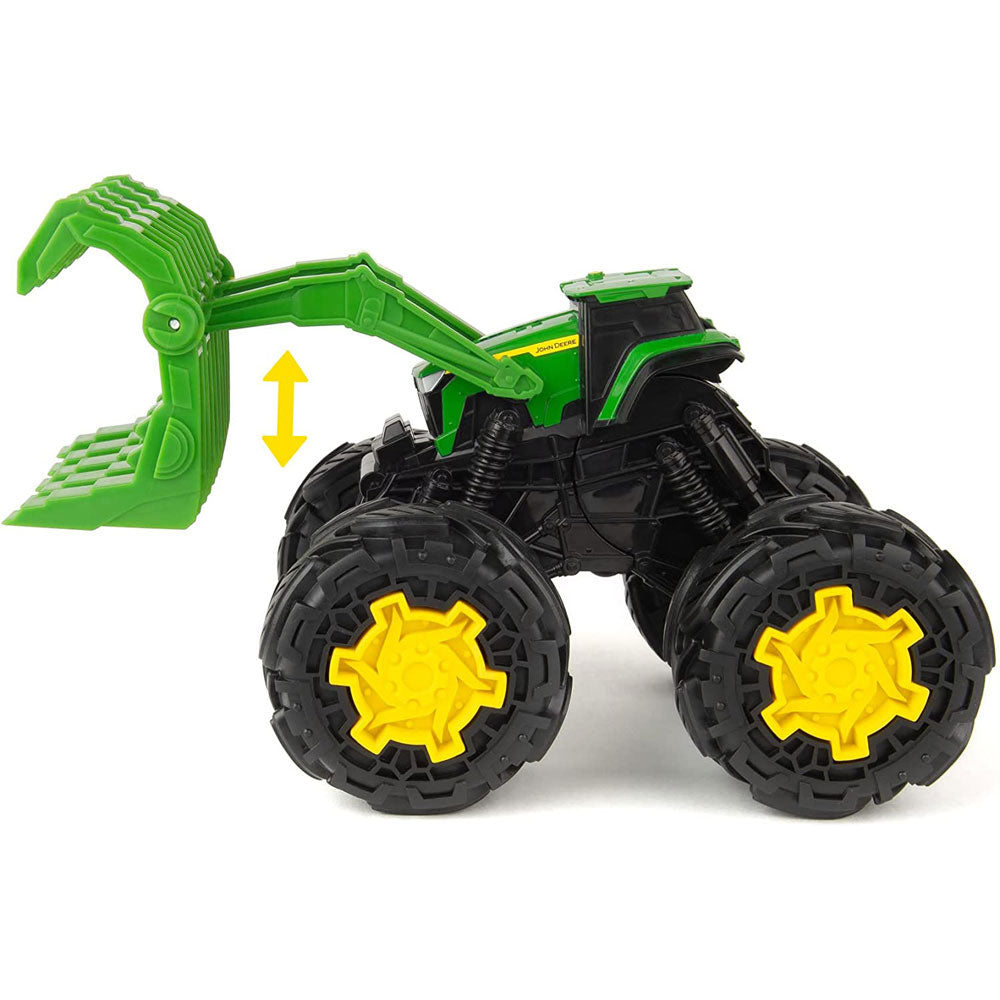Tractor Toy Vehicle by John Deere with free-rolling wheels and a front grapple loader that has moving parts