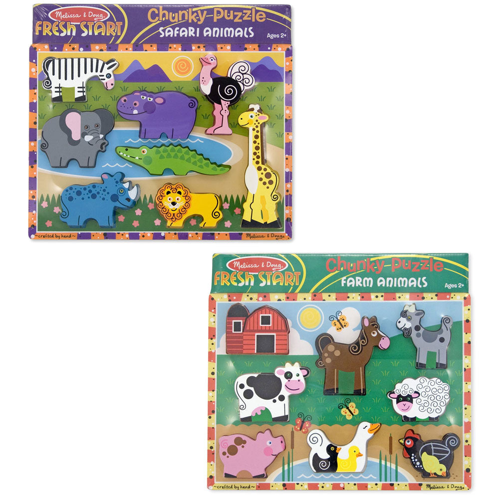 Melissa & Doug Wooden Chunky Puzzle Value Pack: Safari Animals + Farm Animals
