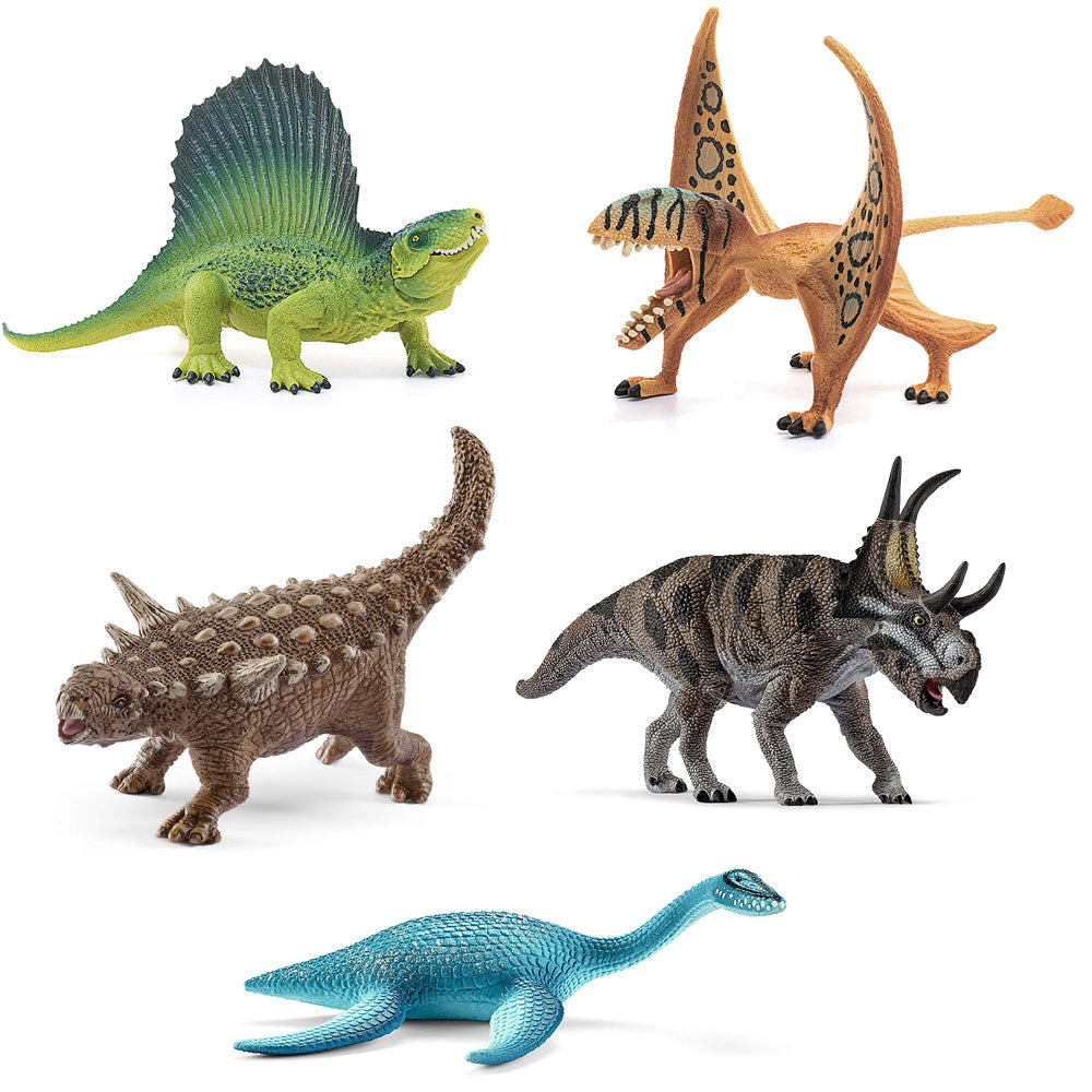 Schleich Dinosaurs Figurines Value Pack: Dimetrodon + Dimorphodon + Animantarx + Diabloceratops + Plesiosaurus