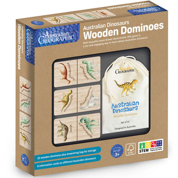 Australian Dinosaur Wooden Dominoes game from Australian Geographic for kids aged 3 years and up