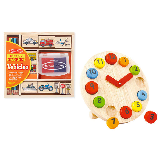 Stamp Set & Teaching Clock Children Wooden Educational Toys Value Pack