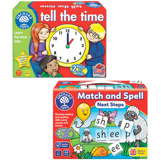 Orchard Toys Games Value Pack - Tell The Time Lotto & Match and Spell