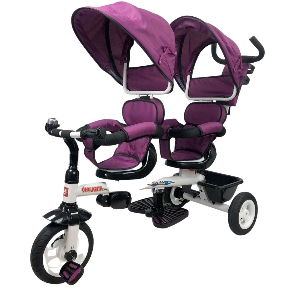 Aussie Baby Kids Tandem Tricycle Double Seats Ride-On Trike with Parent Handle - Purple