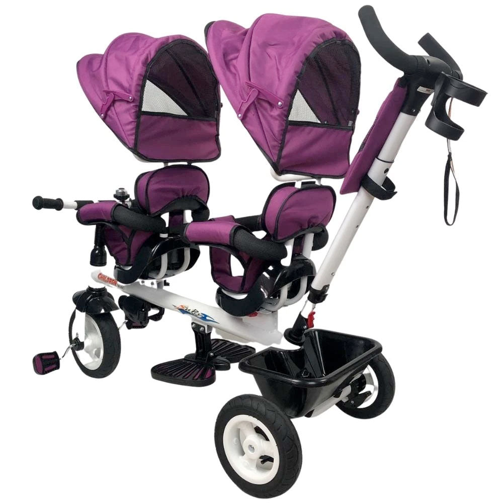 Aussie Baby Kids Tandem Tricycle Double Seats Ride-On Trike with Parent Handle - Purple