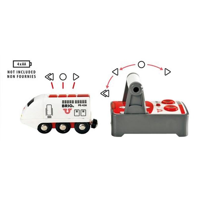 Remote control train toy from Brio is controllable also with buttons on engine.