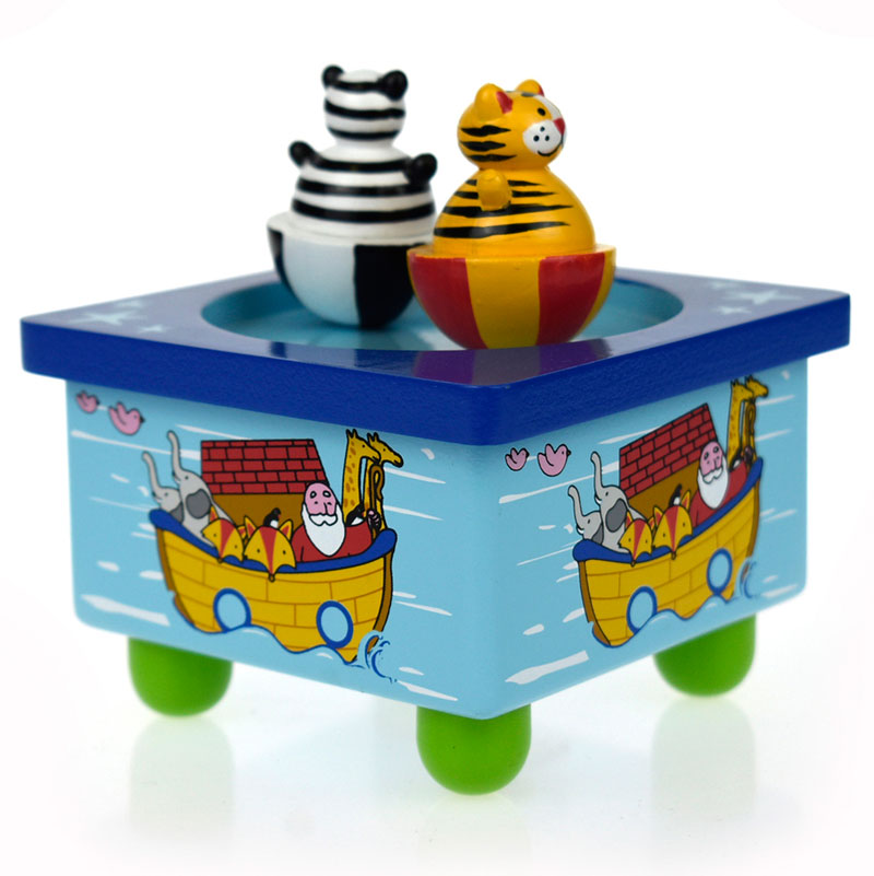 Wooden Noah's Ark Music Box by Kaper Kidz with zebra and tiger animal figures