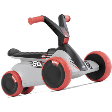 Kids cool scoot and pedal go-kart ride-on car with red, black and grey colours.