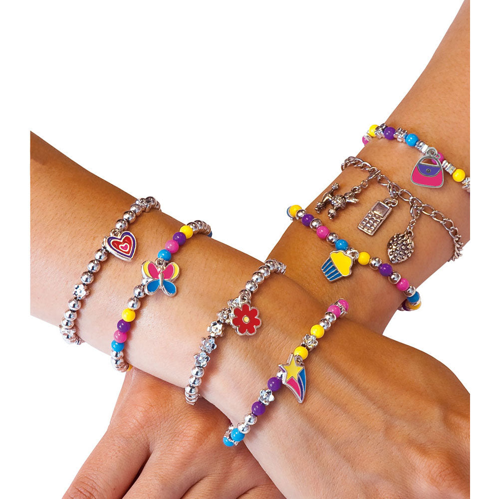 Combine charms with silver and coloured beads to create original bracelets