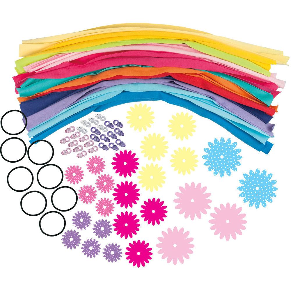 Make 8 cool hair braids by plaiting together colourful fabric strips with flowers and beads.