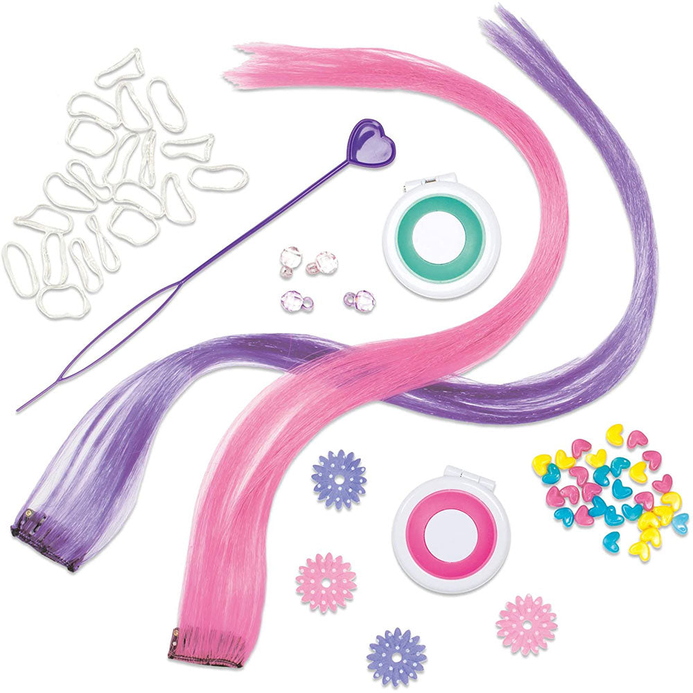 Fab Hair Craft Kit with 2 hair chalk compacts, 2 coloured hair extensions and more.