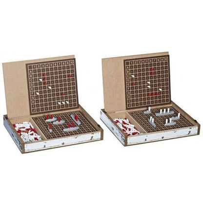 The Battleship game by Hasbro features a rustic, farmhouse look, and includes 2 wooden cases