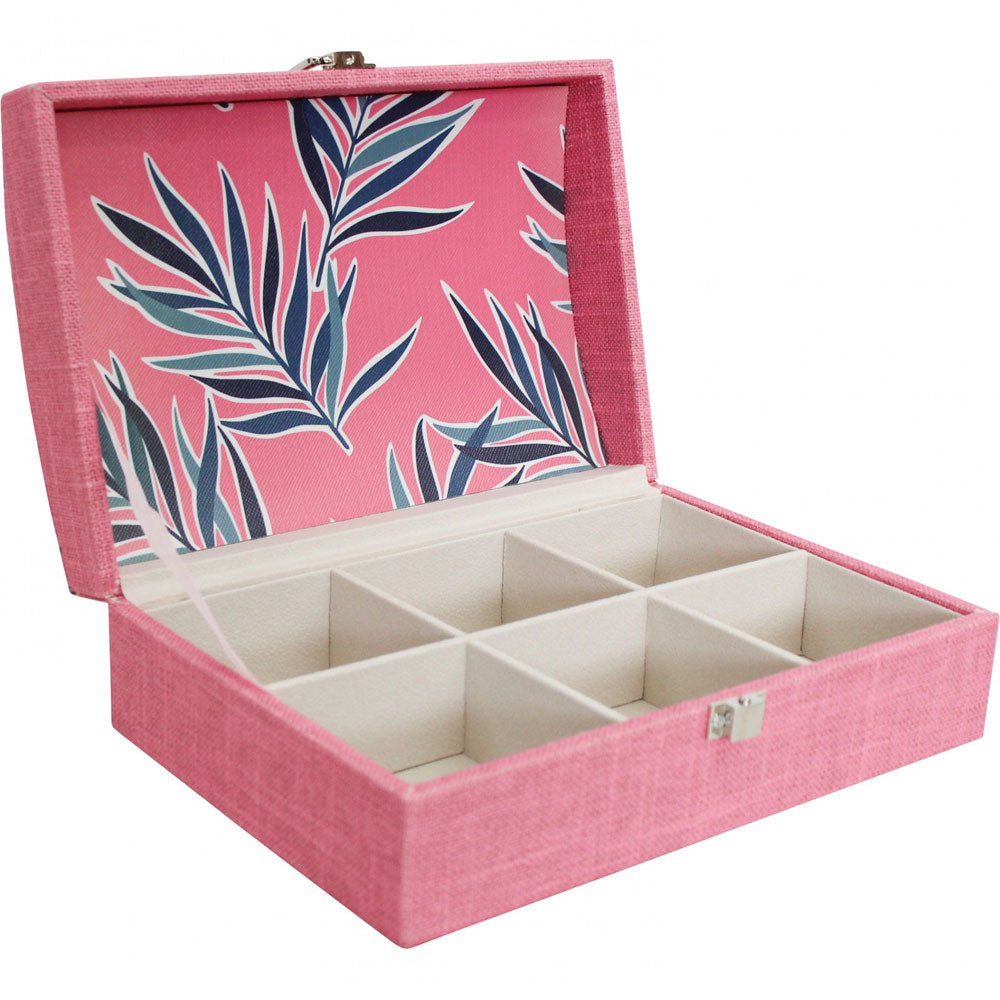 LaVida Linen & MDF Wooden Jewellery Storage Box Pink Ferns