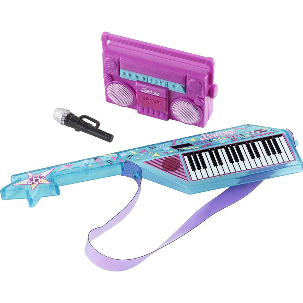 With a totally awesome keytar, boombox and microphone, barbie doll is ready to rock the house.