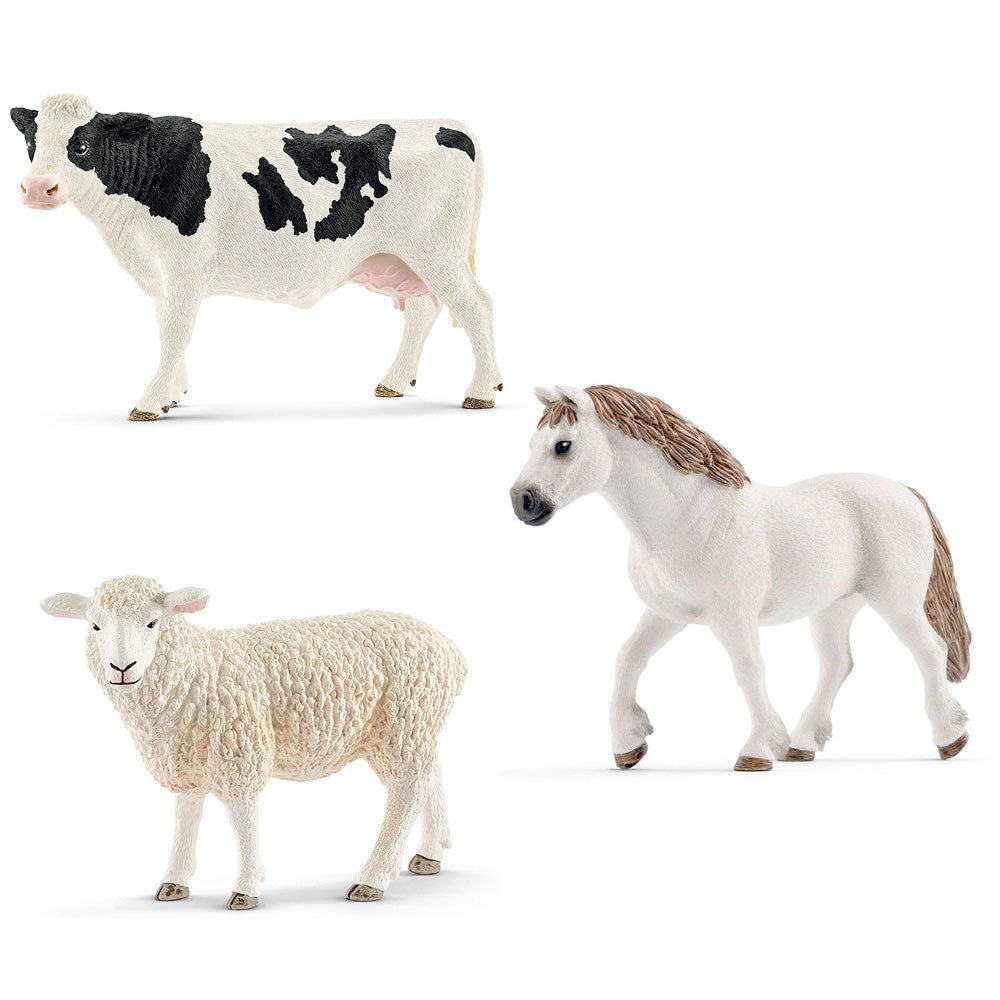 Schleich Farm World Figurines Value Pack: Holstein Cow + Welsh Pony Horse Mare + Sheep